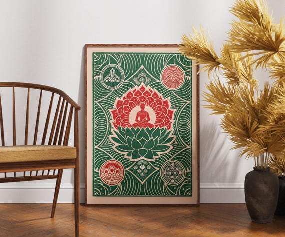 Vintage Yogi Poster Linocut Sanctuary Art Zen Spiritual Wall Decor Retro Meditation Illustration Boho Yoga Print Unique Gift