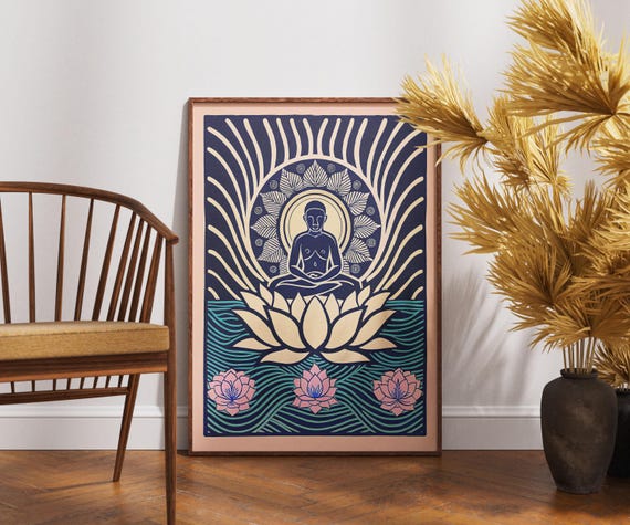Vintage Meditator Poster Linocut Heart Art Zen Spiritual Wall Decor Retro Meditation Illustration Boho Wellness Print Unique Gift