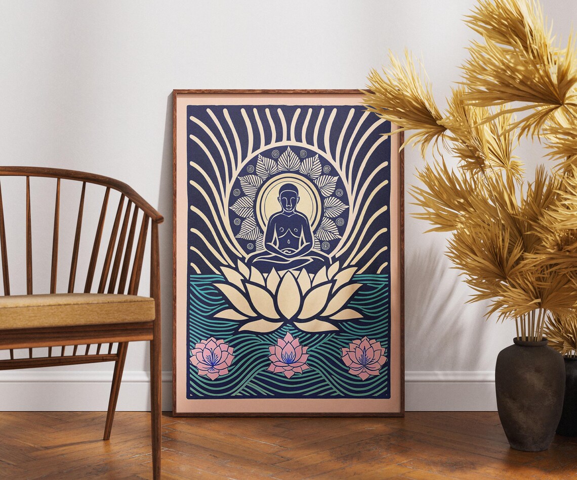 Vintage Meditator Lotus Linocut Sunburst Zen Spiritual Art Poster