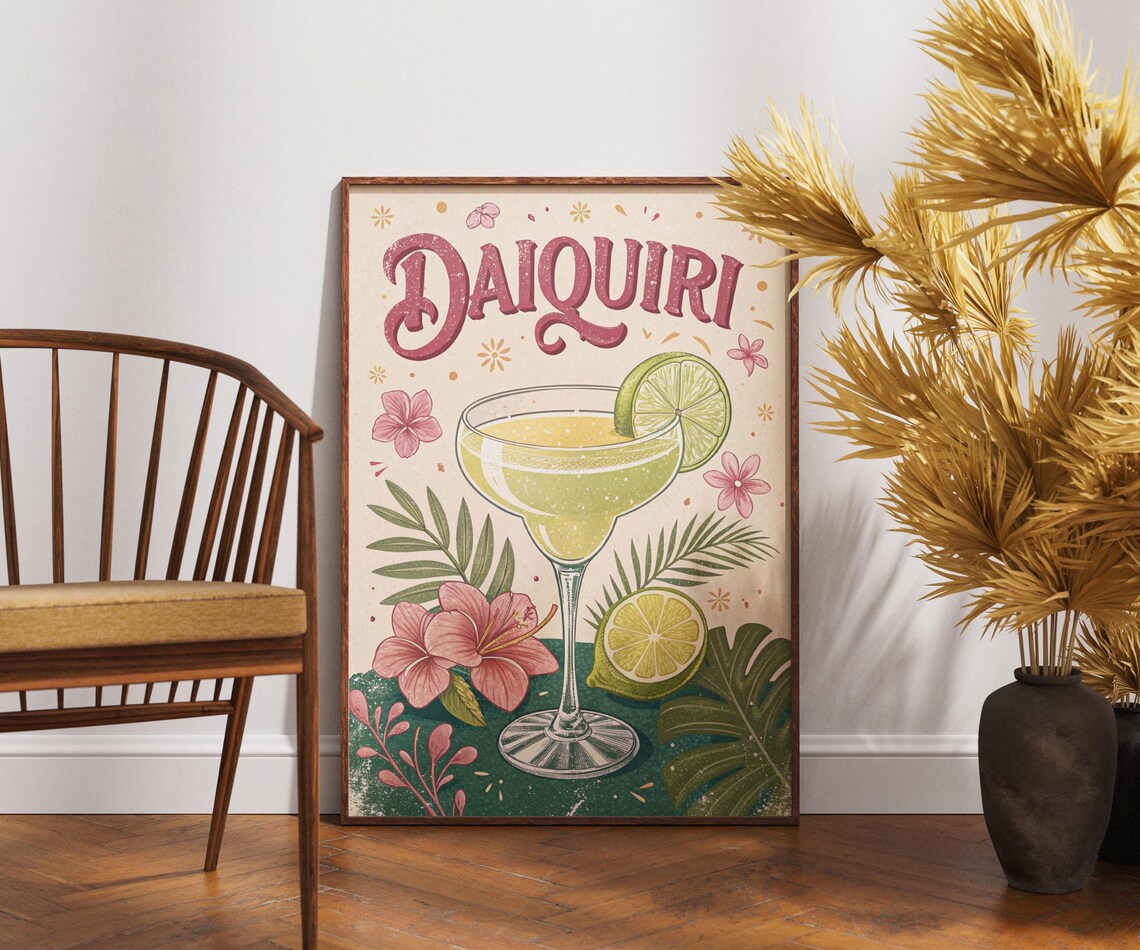 Vintage Daiquiri Tropical Lime Hibiscus Retro Cocktail Bar Art Poster