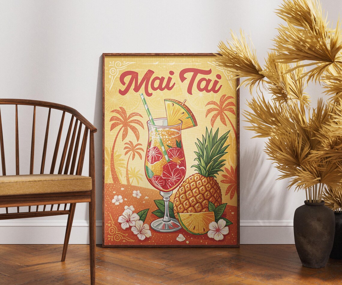 Mai Tai Cocktail Poster Retro Tiki Bar Pineapple Tropical Drink Art