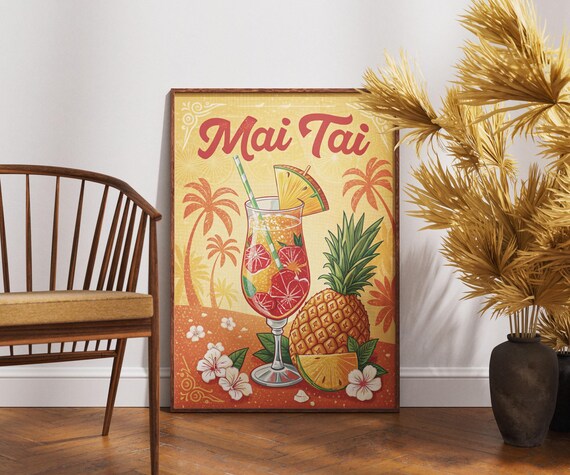 Mai Tai Cocktail Poster Retro Tiki Bar Pineapple Tropical Drink Art