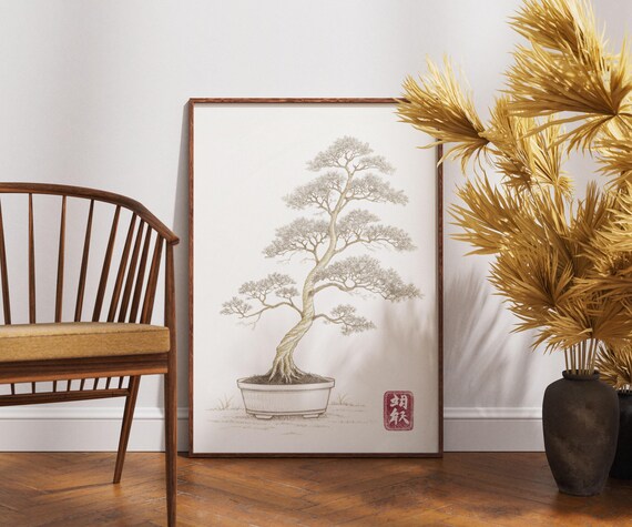 Japanese Bonsai Tree Poster Minimalist Line Drawing Zen Red Seal Art
