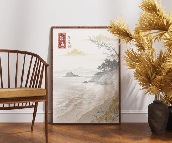 Japanese Coastal Wave Art Print Serene Ocean Shoreline Illustration With Gold Accents Peaceful Zen Nature Decor Minimal Seascape Artwork