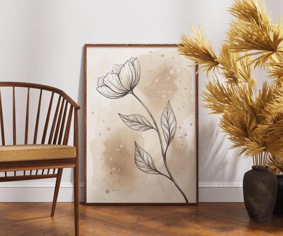 Minimalist Flower Wall Art Vintage Botanical Line Drawing Print Neutral Bloom Poster Monochrome Nature Illustration Elegant Plant Decor