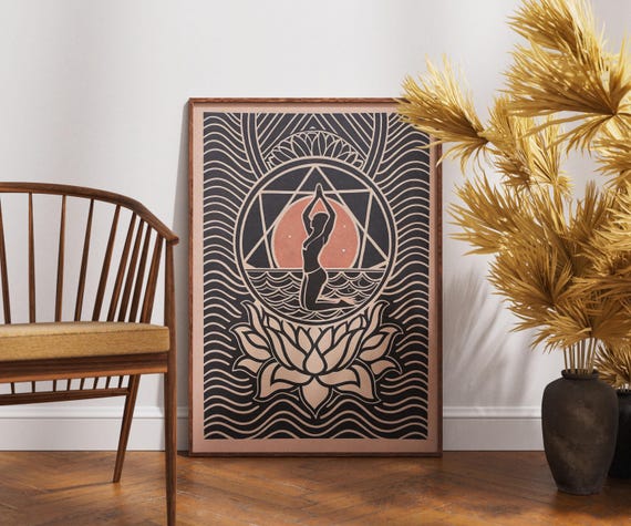 Vintage Crow Pose Poster Linocut Balance Art Yoga Wall Decor Zen Fitness Illustration Retro Print Boho Mindfulness Gift