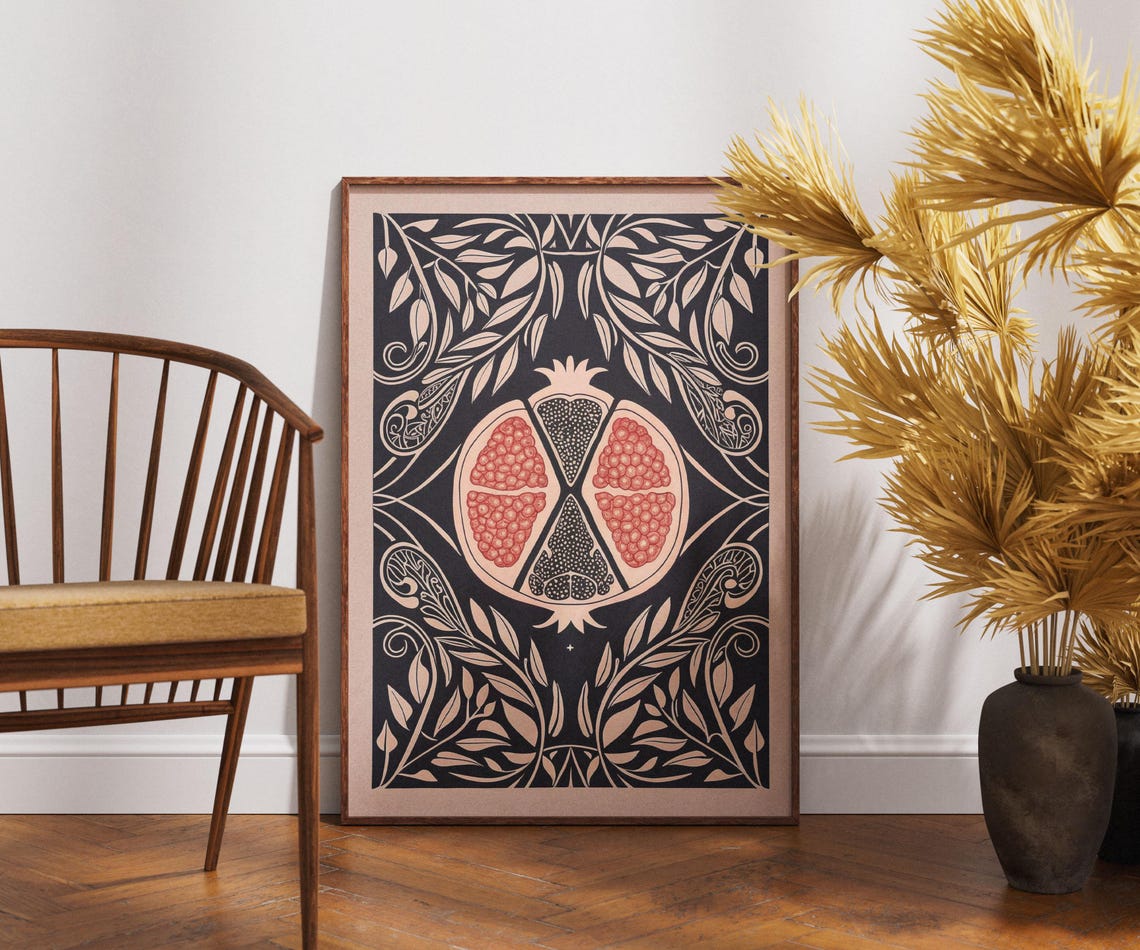 Vintage Pomegranate Poster Linocut Ornate Bloom Art Retro Botanical Wall Decor Boho Fruit Illustration Rustic Kitchen Print Nature Gift