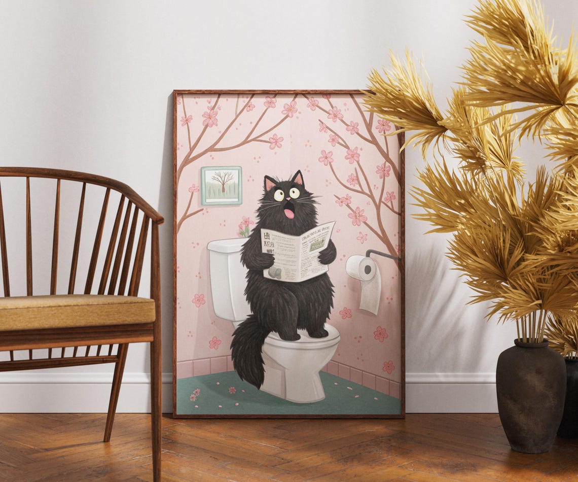 Funny Black Cat On Toilet Reading Newspaper Cherry Blossom Poster