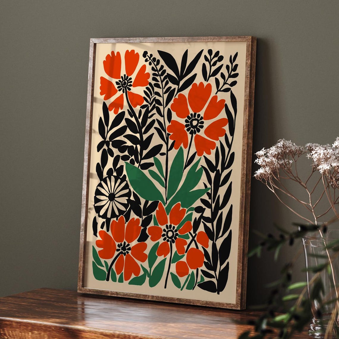 Retro Orange Poppy Floral Design with Bold Black Leaves Poster - Image 6