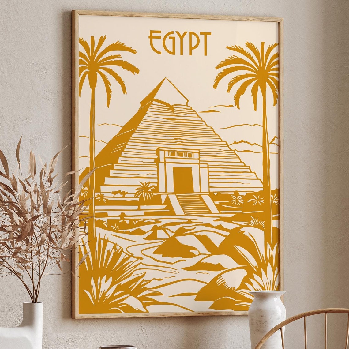 Egypt Mustard Yellow Pyramid Desert Palm Retro Travel Poster