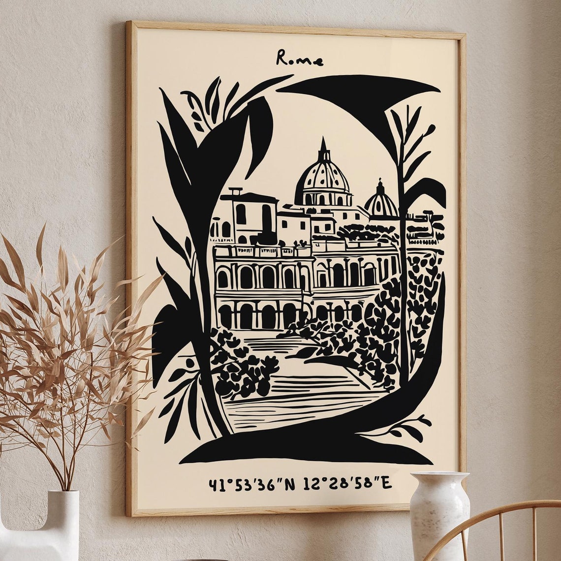 Rome Cityscape Poster With Colosseum Drawn In Bold Black Ink
