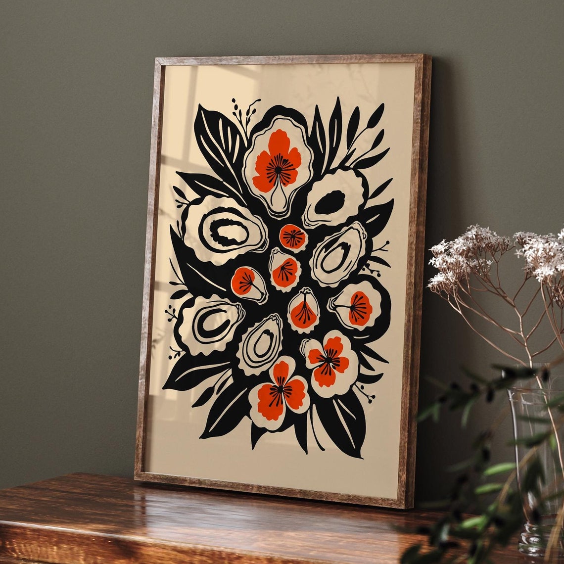 Black Ink Oysters with Orange Flowers Bold Coastal Kitchen Art Poster