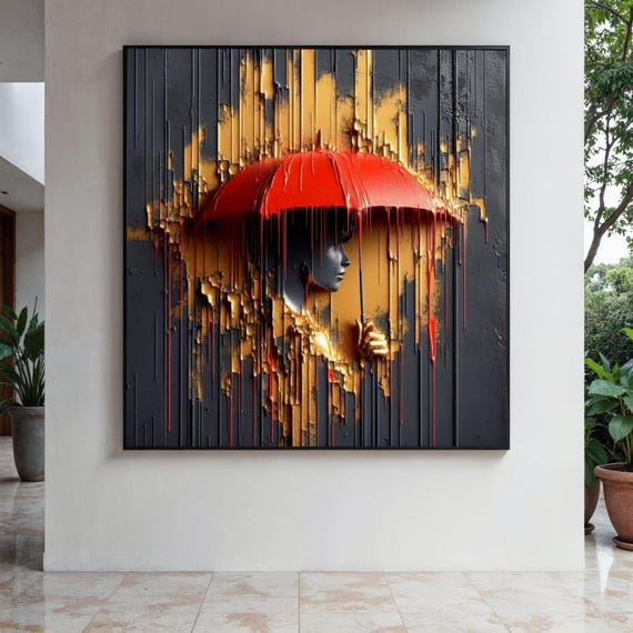 Abstract Woman With Red Umbrella Canvas Modern Drip Art Wall Decor Contemporary Portrait Urban Style Gift Home Print