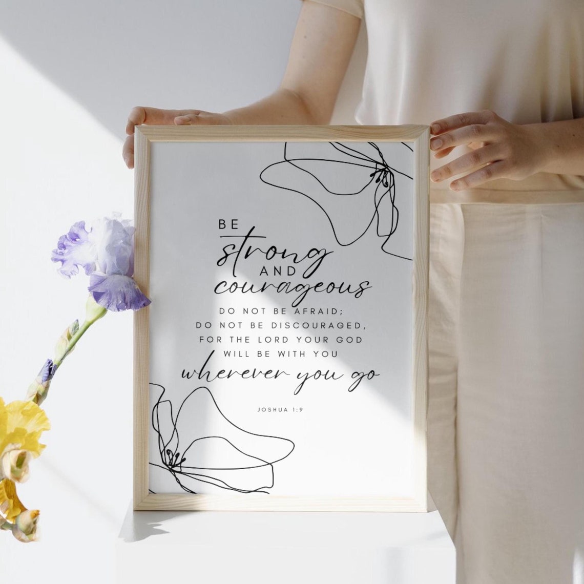 Joshua 19 Be Strong and Courageous Floral Line Art Scripture Poster - Image 3