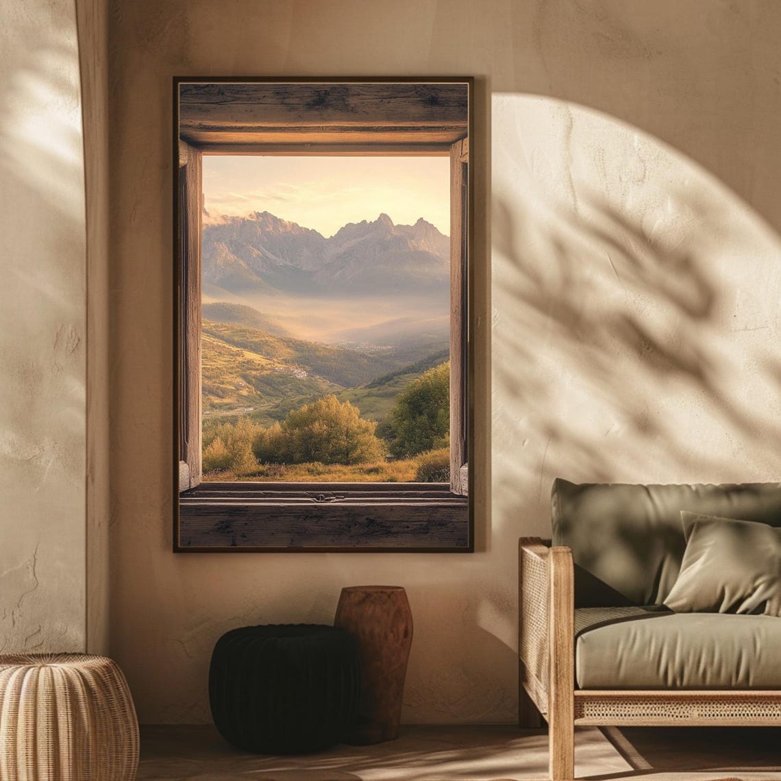 Open Window Misty Mountain View Golden Valley Landscape Poster