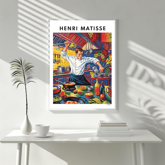 Matisse Style Chef Cooking in Vibrant Colorful Kitchen Art Poster