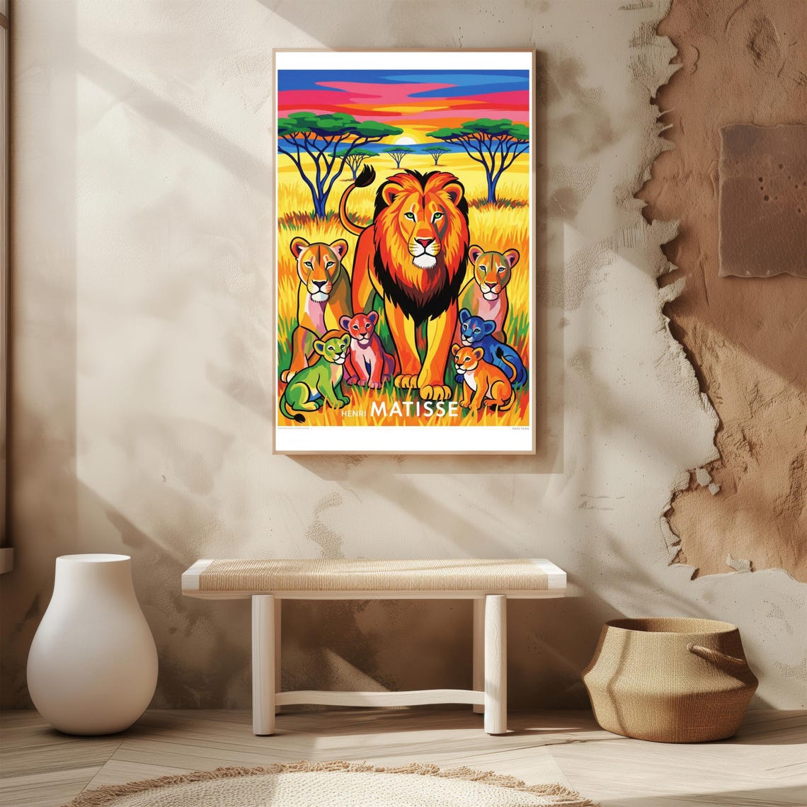Fauvist Lion Family Wall Art Vibrant Jungle Safari Animal Print Matisse Style African Wildlife Home Decor For Kids Nature Lovers