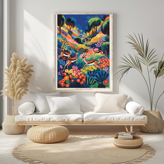 Colorful Gazelles in Bloom Matisse Style Floral Wildlife Wall Poster
