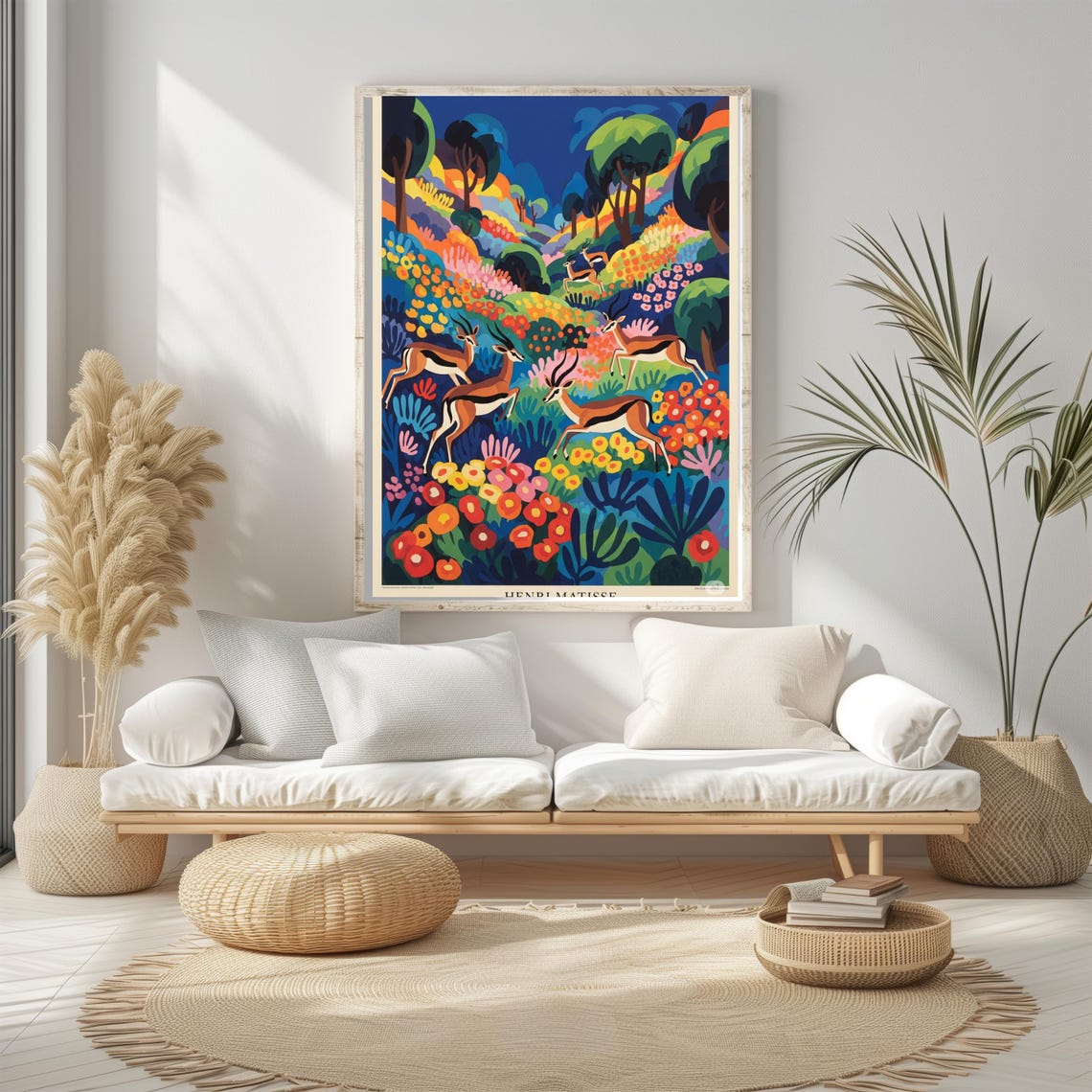 Colorful Gazelles in Bloom Matisse Style Floral Wildlife Wall Poster