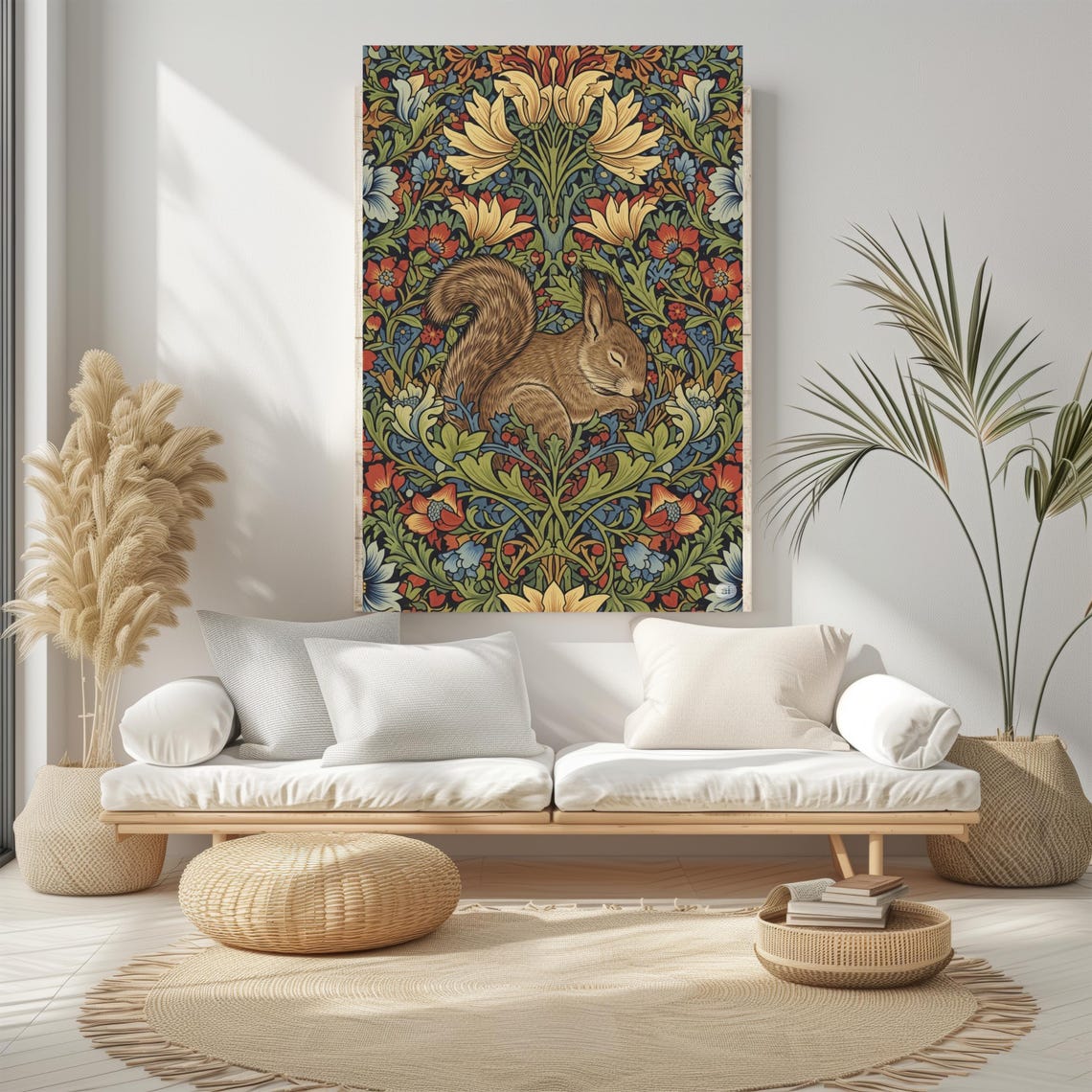Sleeping Squirrel William Morris Style Floral Tapestry Wall Art