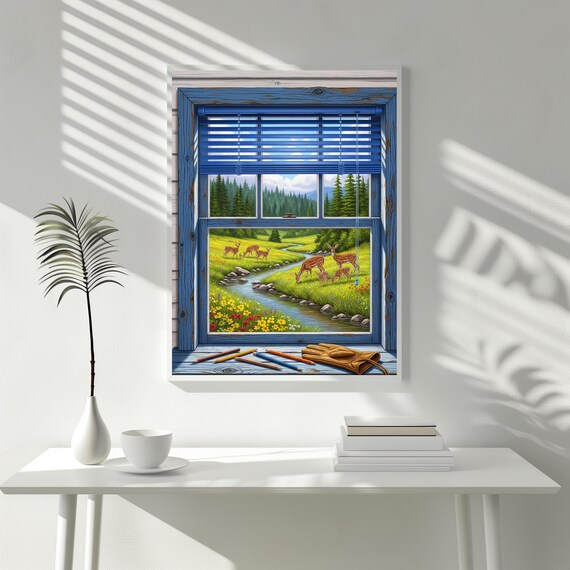 Serenity Forest Matte Vertical Posters Deer Family In Meadow Rustic Window Wall Art Green Nature Painting Print Tranquil Idyllic Scene