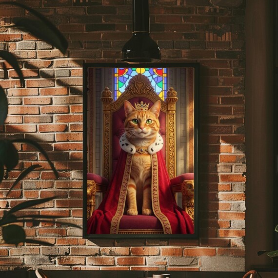Orange Tabby Cat King in Crown and Cape on Royal Throne Poster