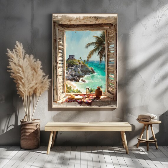 Open Window Turquoise Sea Cliff Ancient Ruin Coastal Escape Poster