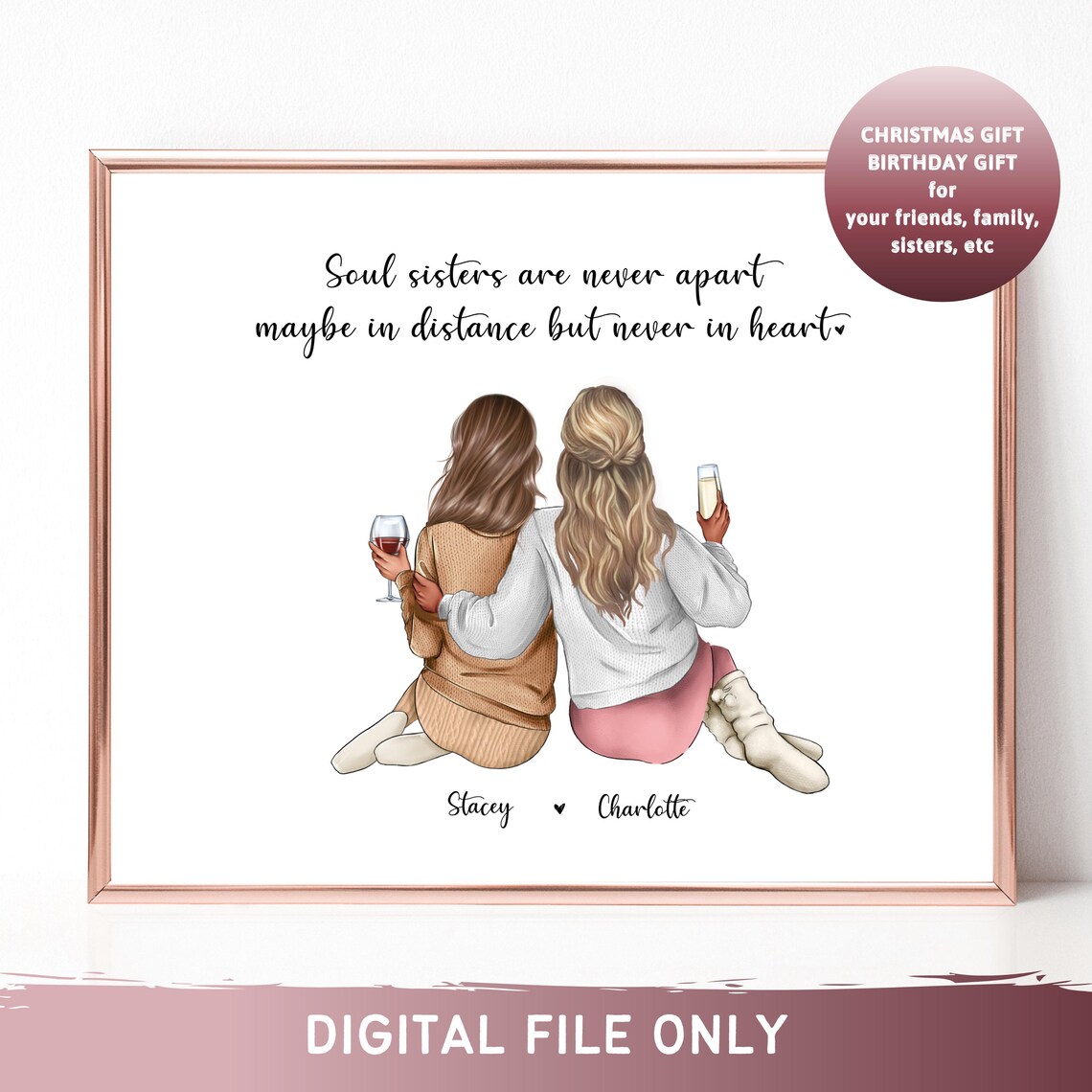 Soul Sisters Wine Quote Custom Names Best Friend Art Gift Print