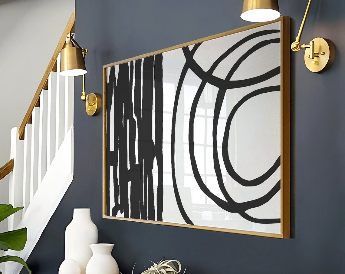 Black White Vertical Strokes Circular Arcs Minimalist Line Wall Art