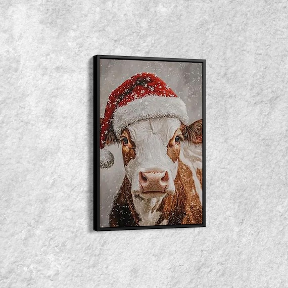 Cute Cow In Santa Hat Funny Christmas Snow Farm Animal Wall Art