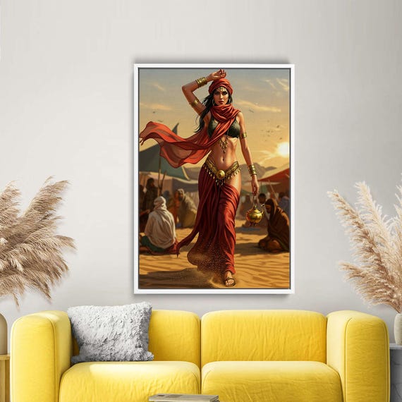 Mysterious Woman Walking In Desert Canvas Oriental Fantasy Wall Art Golden And Red Toned Female Figure
