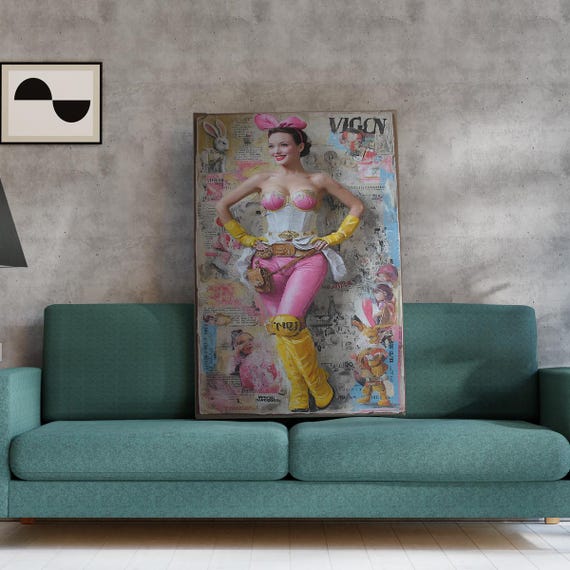 Retro Pinup Girl Pop Art Canvas Colorful Collage Style Wall Vintage Bunny Poster Bold Feminine Mixed Media Decor