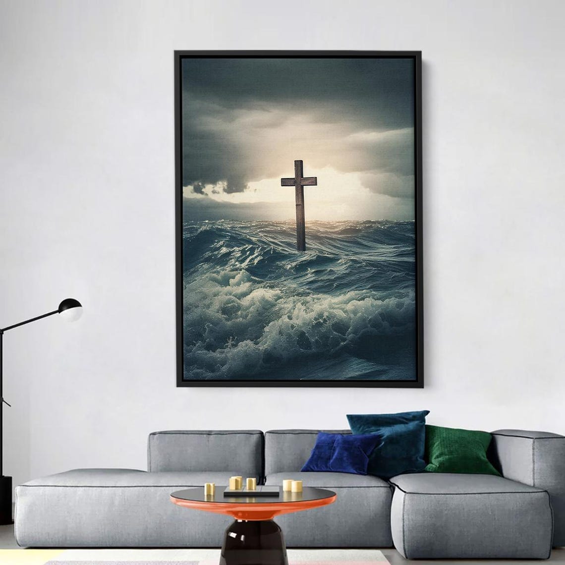 Wooden Cross Rising From Stormy Sea Under Dramatic Light Wall Art