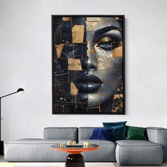 Gold Mosaic Woman Face Black Gold Cracked Tile Abstract Poster