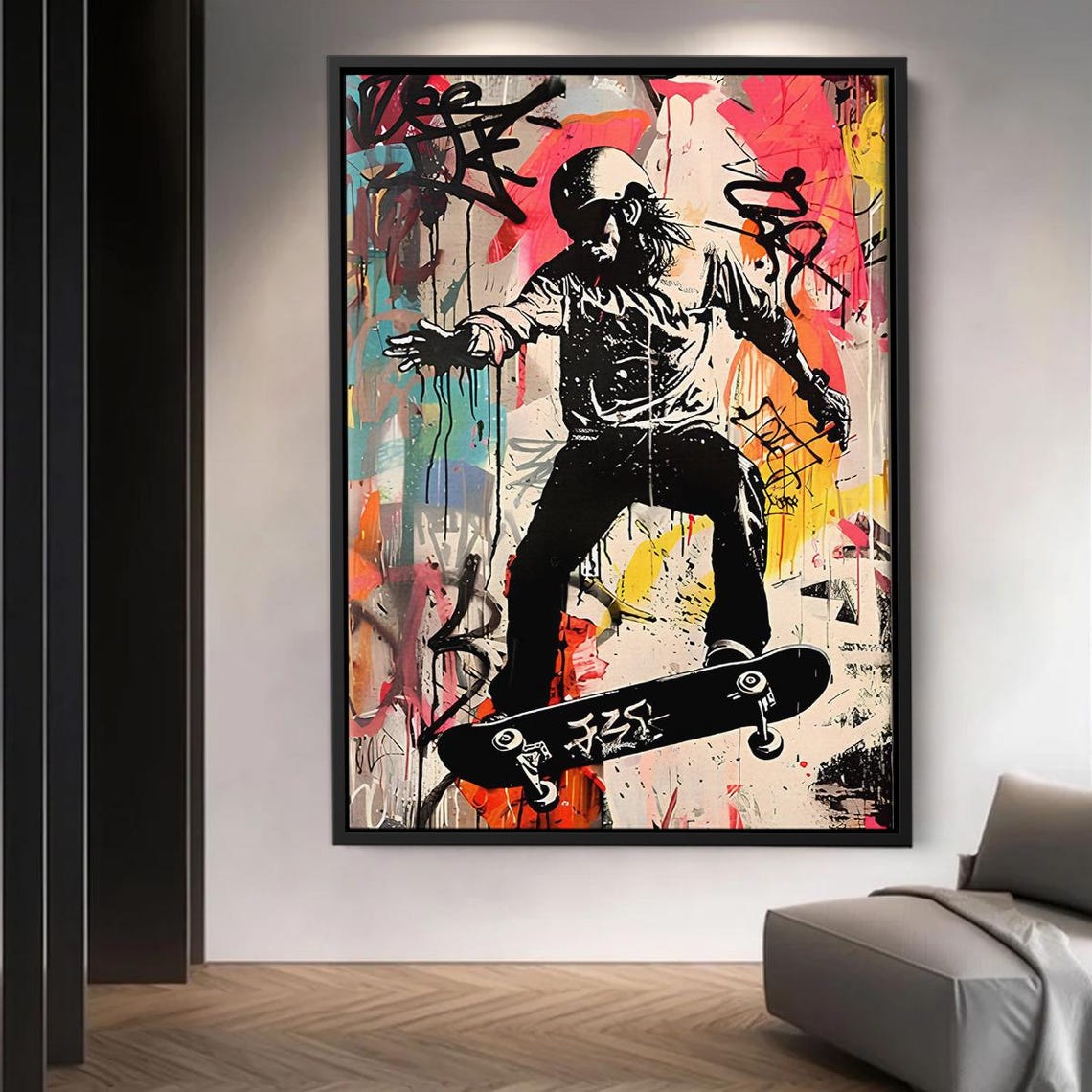 Skateboarder Mid Air Over Colorful Graffiti Street Art Style Poster