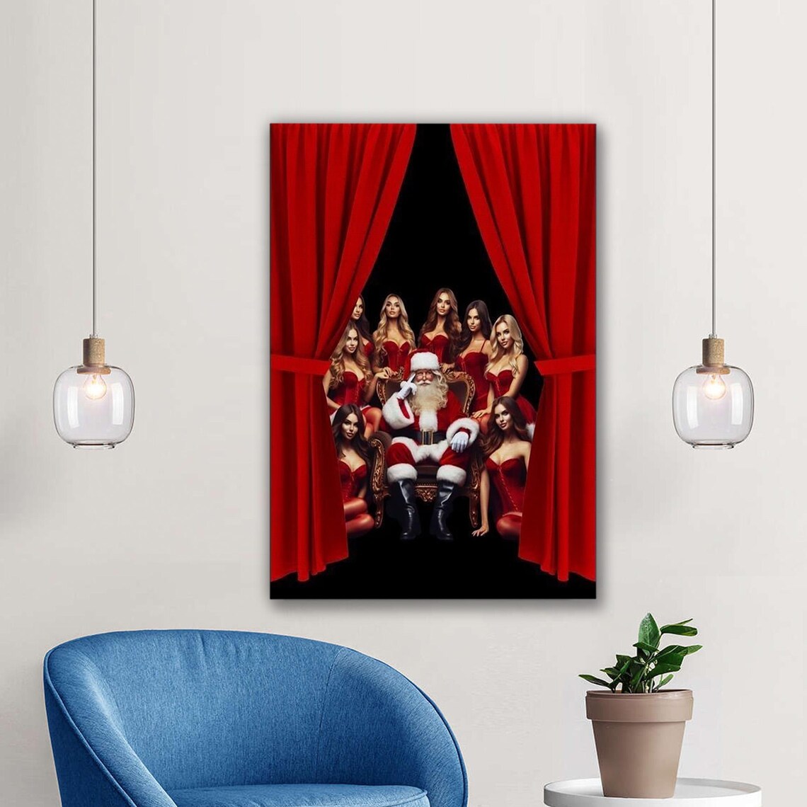 Santa Claus On Stage With Women In Red Dresses Behind Red Curtains Print