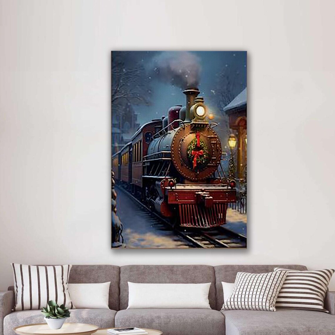 Christmas Steam Locomotive With Wreath In Snowy Night Scene Art Poster