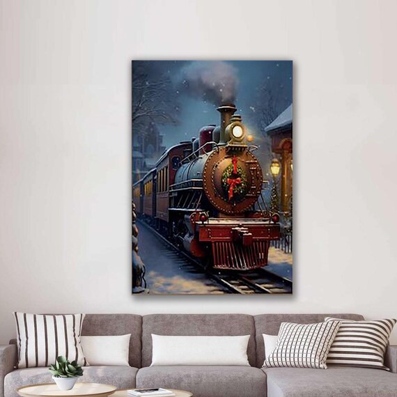 Christmas Steam Locomotive With Wreath In Snowy Night Scene Art Poster