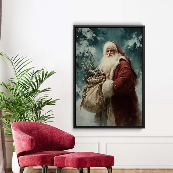 Vintage Santa Claus Christmas Gift Sack Winter Painting Poster