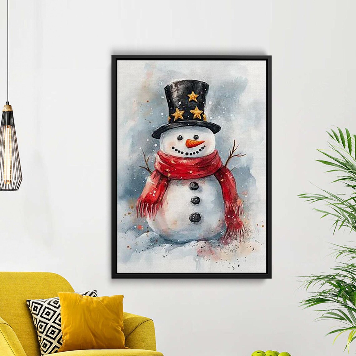 Watercolor Snowman Black Top Hat Red Scarf Winter Art Poster