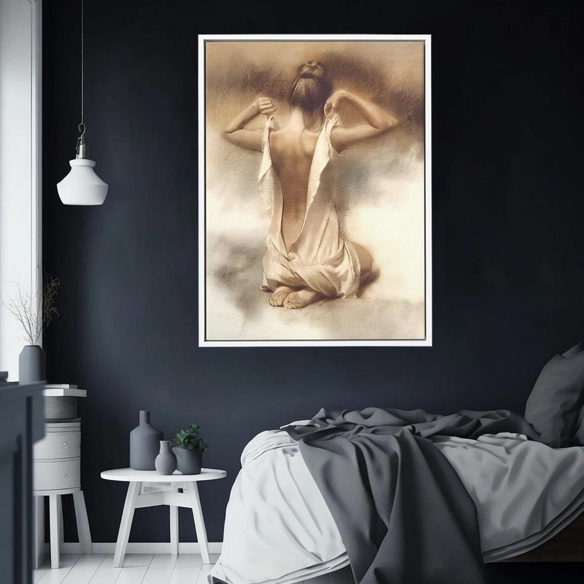 Elegant Woman Bare Back Soft Sepia Sketch Style Bedroom Wall Art