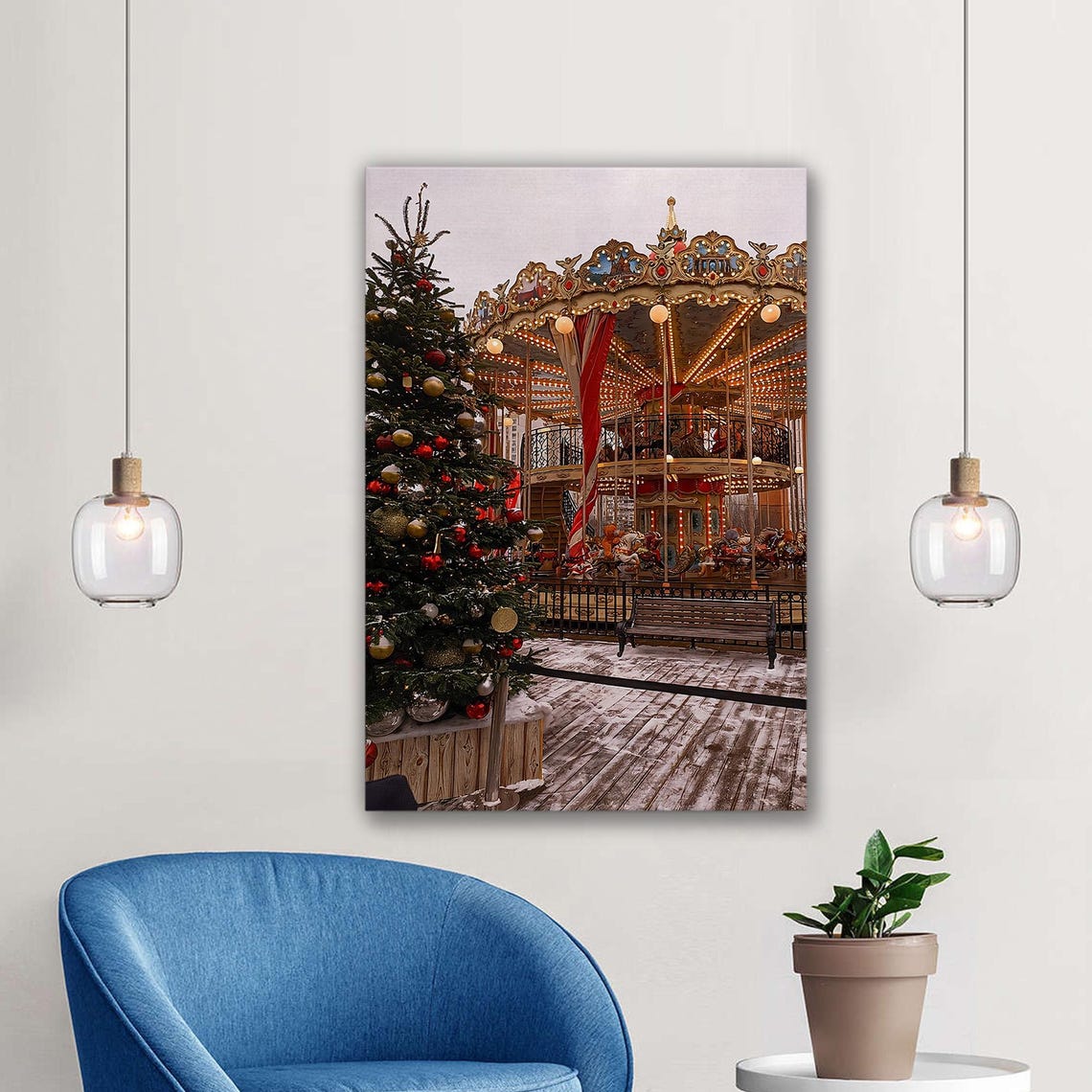 Christmas Carousel With Tree Festive Holiday Winter Scene Art Poster