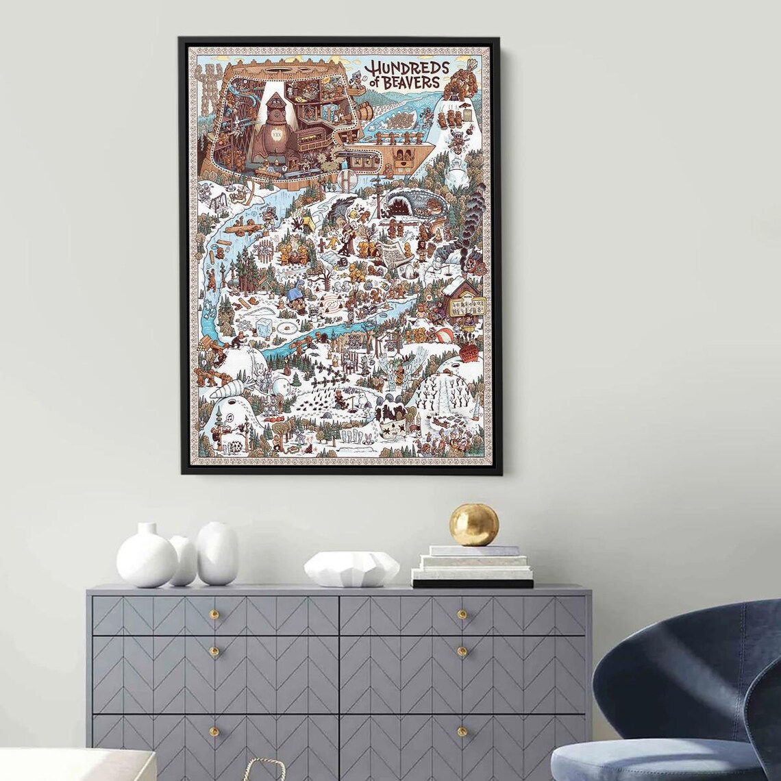 Hundreds of Beavers Detailed Movie Map Illustrated Film Art Poster