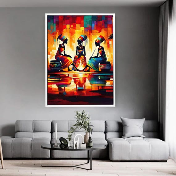 African Tribal Women Wall Art Colorful Fire Gathering Print Modern Ethnic Canvas Afrocentric Decor For Living Room Or Office