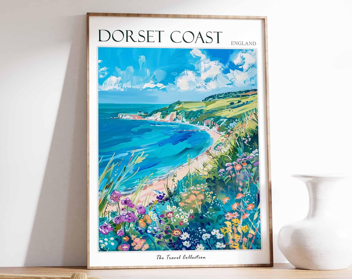 Dorset Coast England Turquoise Bay Wildflower Cliffs Seascape Poster