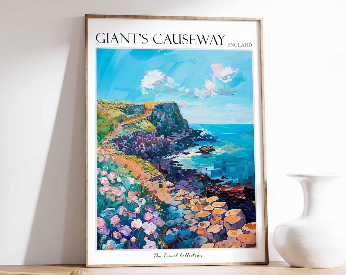 Giants Causeway Blooming Flowers Stone Columns Coastal Art Poster