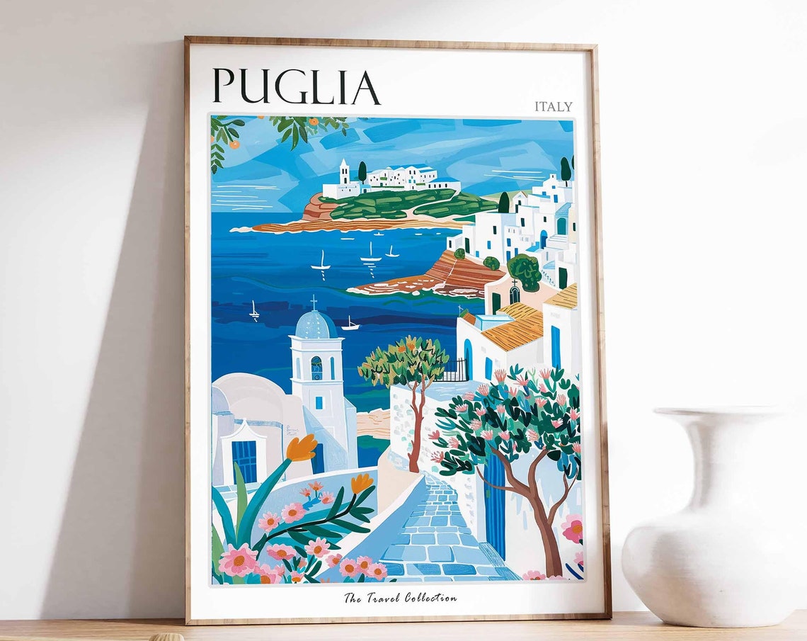 Puglia Italy Whitewashed Seaside Village Sunlit Travel Poster