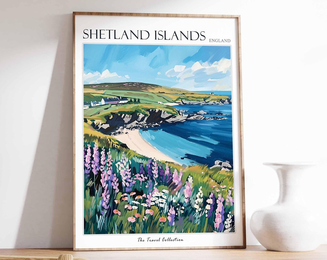 Shetland Islands Sandy Cove Lupin Meadow Coast Travel Poster