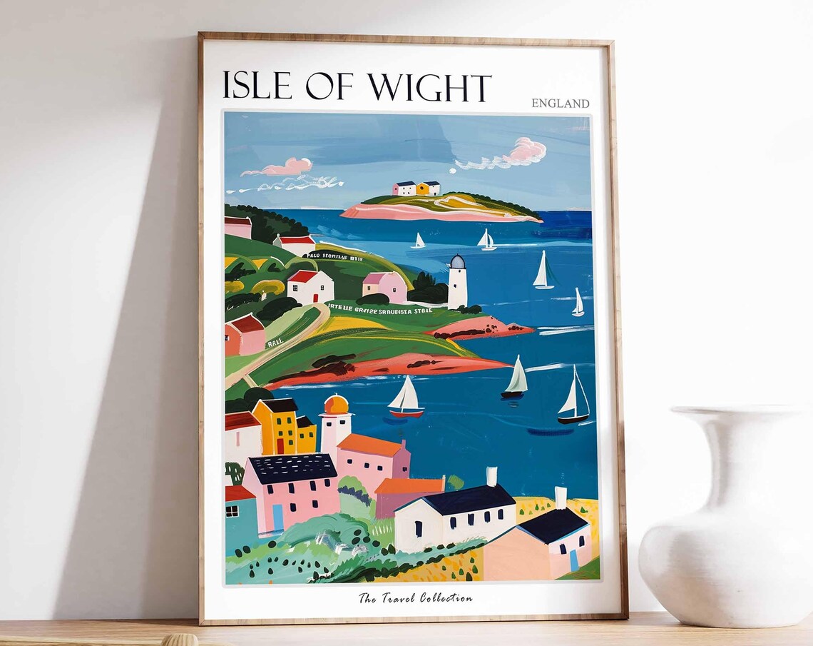Isle of Wight England Naive Seaside Village Lighthouse Poster