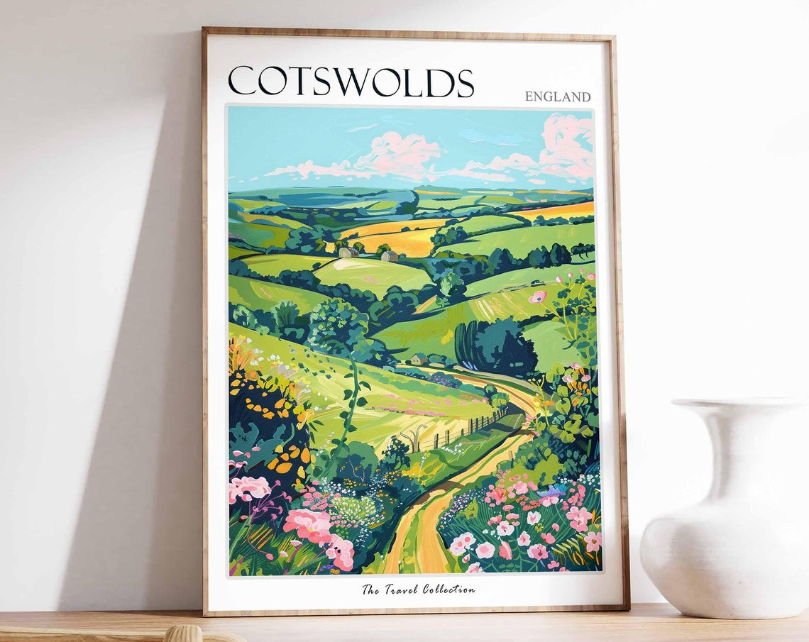 Cotswolds England Winding Road Patchwork Fields Pink Flowers Poster